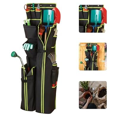 Avilia Organizer voor tuingereedschap en handgereedschap, opbergtas om op te hangen, met 11 ruime vakken, polyester, 38 x 7 x 122 cm, zwart en geel Avilia Organizer voor tuingereedschap en handgereedschap, opbergtas om op te hangen, met 11 ruime vakken, polyester, 38 x 7 x 122 cm, zwart en geel