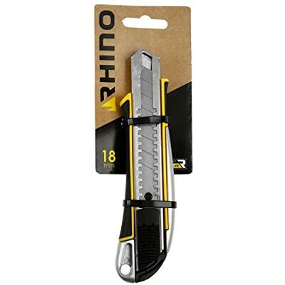 Rhino Snijmes 18mm Snijmes met 2-componenten handvat Snijmes met breekmes en lader 18mm lemmet Ergonomische handgreep Levenslange garantie Uitschuifbaar mes Rhino Snijmes 18mm Snijmes met 2-componenten handvat Snijmes met breekmes en lader 18mm lemmet Ergonomische handgreep Levenslange garantie Uitschuifbaar mes