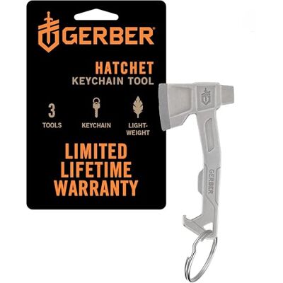 Gerber Sleutelhanger, Hatchet, Sleutelhangertool met Verpakkingsopener Platte schroevendraaier en Flesopener, Lengte: 6,6 cm, Gewicht: 20 g, Roestvrij staal, Zilver, 1074043 Gerber Sleutelhanger, Hatchet, Sleutelhangertool met Verpakkingsopener Platte schroevendraaier en Flesopener, Lengte: 6,6 cm, Gewicht: 20 g, Roestvrij staal, Zilver, 1074043