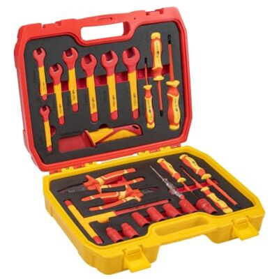 Högert TECHNIK Set van 25 elektrische gereedschapsset geïsoleerde 1000 V handschroevendraaier, sleuf en kruisschroevendraaier, tangen, spanningstesten, kunststof koffer, gereedschapsset Högert TECHNIK Set van 25 elektrische gereedschapsset geïsoleerde 1000 V handschroevendraaier, sleuf en kruisschroevendraaier, tangen, spanningstesten, kunststof koffer, gereedschapsset