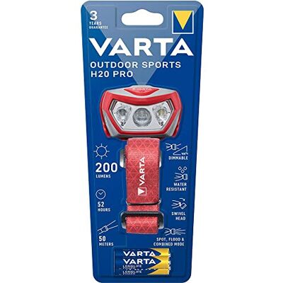 Varta Outdoor Sports H20 Pro Hoofdlamp - 200 lm, 52u, Rood Varta Outdoor Sports H20 Pro Hoofdlamp - 200 lm, 52u, Rood