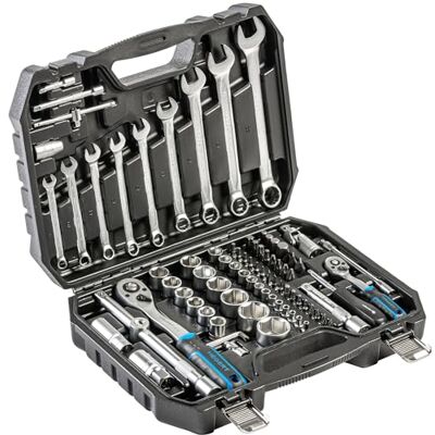 Högert Technik Gereedschapsset 85-delig, dopsleutel- en bitset 1/4 inch en 1/2 inch, CRV-staal, ratel 72T, vork-ringsleutel, DIN 3124, in stalen koffer Högert Technik Gereedschapsset 85-delig, dopsleutel- en bitset 1/4 inch en 1/2 inch, CRV-staal, ratel 72T, vork-ringsleutel, DIN 3124, in stalen koffer