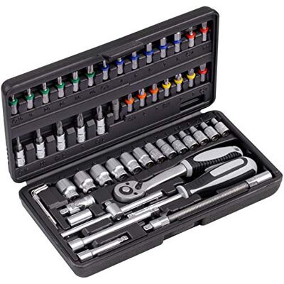 Connex Bit- en dopsleutelset 52-delig stabiele kunststof koffer 1/4 inch omschakelratel met snelontgrendelingsfunctie voor montage- en schroefwerkzaamheden/dopsleutelset/bitset / Connex Bit- en dopsleutelset 52-delig stabiele kunststof koffer 1/4 inch omschakelratel met snelontgrendelingsfunctie voor montage- en schroefwerkzaamheden/dopsleutelset/bitset /