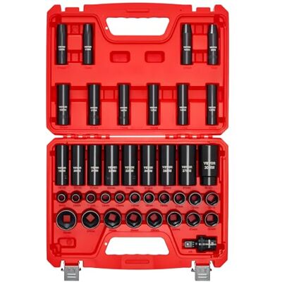 VEVOR Slagmoerdopset, 1/5,1 cm, 39-delig, 6-punts diepe en ondiepe doppen, metrisch 9 tot 30 mm, Cr-V-staal, hoge duurzaamheid, met universeel gewricht, dubbele maataanduiding VEVOR Slagmoerdopset, 1/5,1 cm, 39-delig, 6-punts diepe en ondiepe doppen, metrisch 9 tot 30 mm, Cr-V-staal, hoge duurzaamheid, met universeel gewricht, dubbele maataanduiding