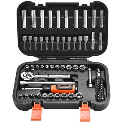 VEVOR Doppenset, 70-delig, 6,4 mm aandrijfdop- en ratelset, SAE en metrisch, diep en ondiep, mechanische gereedschapsset met bits, accessoires en opbergkoffer, CR-V gelegeerd staal, voor autoreparatie VEVOR Doppenset, 70-delig, 6,4 mm aandrijfdop- en ratelset, SAE en metrisch, diep en ondiep, mechanische gereedschapsset met bits, accessoires en opbergkoffer, CR-V gelegeerd staal, voor autoreparatie