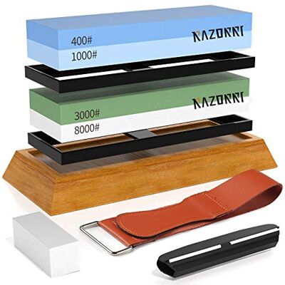 Razorri Set slijpstenen, dubbelzijdig 400/1000 en 3000/8000 grit, slijpstenen met egaliseersteen, hoekgeleiding, bamboebasis, leren strip, voor metalen messen, slijpen en polijsten (vlakke basis) Razorri Set slijpstenen, dubbelzijdig 400/1000 en 3000/8000 grit, slijpstenen met egaliseersteen, hoekgeleiding, bamboebasis, leren strip, voor metalen messen, slijpen en polijsten (vlakke basis)