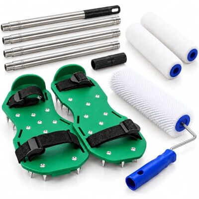 Relaxdays vloercoatingset, 4-delig, prikroller, spijkerschoenen, wit/groen maat 36-49, verfroller, telescoopsteel Relaxdays vloercoatingset, 4-delig, prikroller, spijkerschoenen, wit/groen maat 36-49, verfroller, telescoopsteel