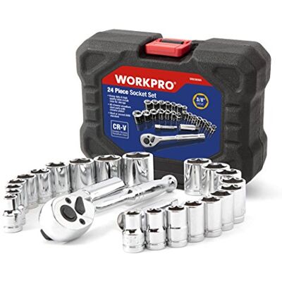 WORKPRO 24PC Socket Set 3/8 "Ratchet Drive Sockets Moersleutel, 11 st Metrische & 10st SAE Sockets, Extension Bar Bougie Rachet Set Spanners met Blow Molded Case WORKPRO 24PC Socket Set 3/8 "Ratchet Drive Sockets Moersleutel, 11 st Metrische & 10st SAE Sockets, Extension Bar Bougie Rachet Set Spanners met Blow Molded Case