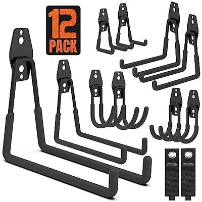 SMARTOLOGYBENEWY Garagehaken, 12 stuks wandopberghaken met 2 verlengsnoer, opbergbanden, zware gereedschapshangers voor utiliteitsorganizer, wandmontagehouders voor tuin-gazongereedschap, ladders, fiets (zwart) SMARTOLOGYBENEWY Garagehaken, 12 stuks wandopberghaken met 2 verlengsnoer, opbergbanden, zware gereedschapshangers voor utiliteitsorganizer, wandmontagehouders voor tuin-gazongereedschap, ladders, fiets (zwart)