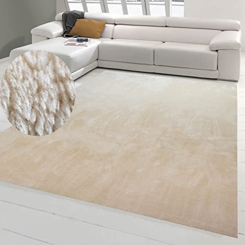 Teppich-Traum Uni tapijt woonkamer zacht Flokati badkamer wasbaar in beige, 160x230 cm