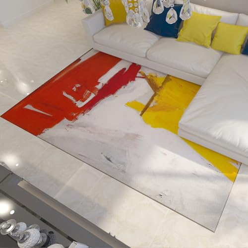 CIHCOHOME Franz Kline Stijl Gebied Tapijten met Rubberen Rug Vintage Tapijt Expressionisme Abstracte Kunst Geel en Rood Tapijt voor Thuis Laagpolige Vloer Decor 15'x7'