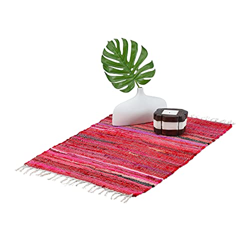 Relaxdays vloerkleed meerkleurig, katoen, 60 x 90 cm, slipvaste onderzijde, met franjes, indoor, kleurnuances, rood