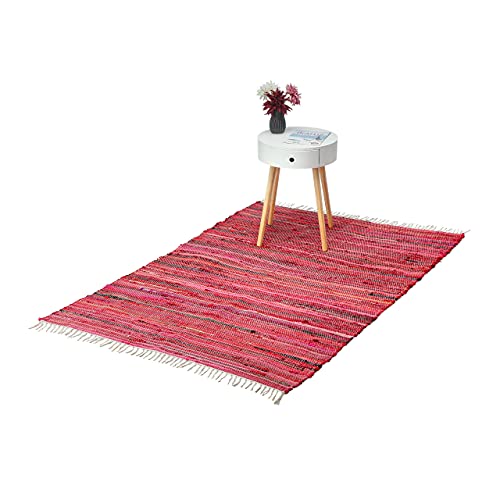 Relaxdays vloerkleed meerkleurig, katoen, 120 x 180 cm, slipvaste onderzijde, met franjes, indoor, kleurnuances, rood