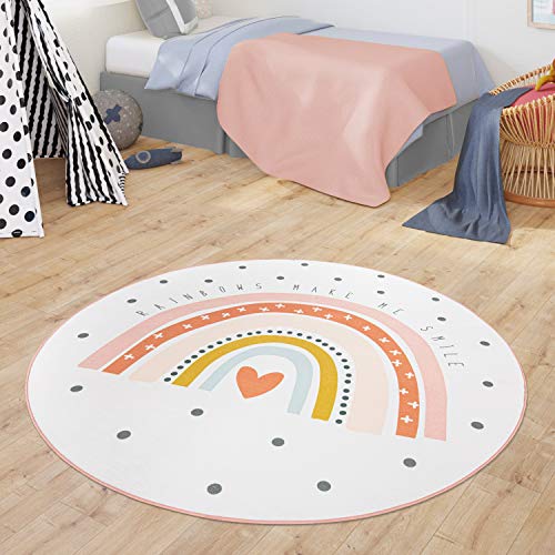 TT Home Vloerkleed Kinderkamer Kindervloerkleed Babykleed Regenboog Motief Hart Design, Kleur:Crème, Maat:Ø 120 cm Rund