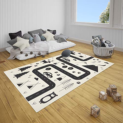 HANSE Home Avenue Kindertapijt voor de kinderkamer, kindertapijt, voor jongens en meisjes, laagpolig, modern, speelstraat, zachte pool, onderhoudsvriendelijk, crèmezwart, 80 x 150 cm