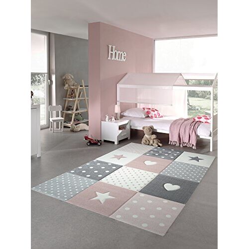 Teppich-Traum Kindertapijt speelkleed kinderkamer babykleed met hart ster in roze wit grijs Größe 120x170 cm