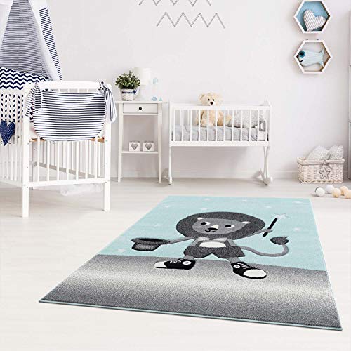 carpet city Kindertapijt leeuw mint grijs 160 cm rond tapijt dierenmotief kinderkamer voor jongens en meisjes