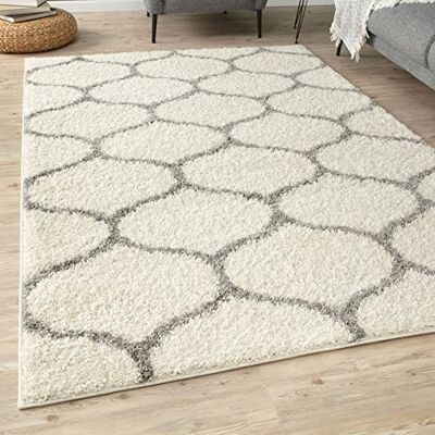 THE RUGS Shaggy tapijt moderne Marokkaanse designtapijten voor woonkamer, slaapkamer, hal, 3 cm dikke vloerkleden (Trellis Ivoor/Grijs, 60 x 110 cm) THE RUGS Shaggy tapijt moderne Marokkaanse designtapijten voor woonkamer, slaapkamer, hal, 3 cm dikke vloerkleden (Trellis Ivoor/Grijs, 60 x 110 cm)