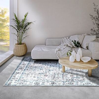ELLE Decoration Saveh tapijt, klassiek antislip vintage design, laagpolig tapijt voor slaapkamer, eetkamer, woonkamer, hal, keuken, crèmeblauw, 80 x 150 cm ELLE Decoration Saveh tapijt, klassiek antislip vintage design, laagpolig tapijt voor slaapkamer, eetkamer, woonkamer, hal, keuken, crèmeblauw, 80 x 150 cm
