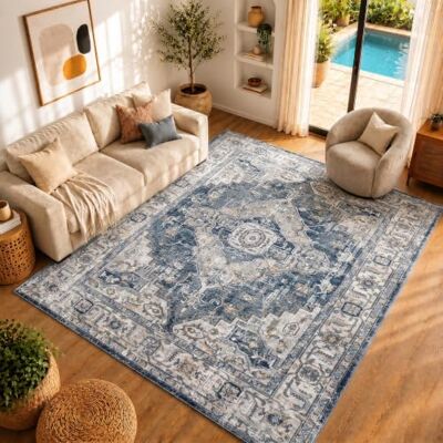 Livabliss Surya London Vintage tapijt vloerkleden, woonkamer, hal vloer, keuken, traditioneel veelkleurig boho-tapijt, onderhoudsvriendelijk pool, Boheems groot tapijt, 160 x 220 cm, blauw tapijt Livabliss Surya London Vintage tapijt vloerkleden, woonkamer, hal vloer, keuken, traditioneel veelkleurig boho-tapijt, onderhoudsvriendelijk pool, Boheems groot tapijt, 160 x 220 cm, blauw tapijt