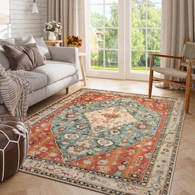 Lahome Boho Tribal Vloerkleed 5 x 7 cm groot wasbaar vloerkleed voor woonkamer slaapkamer verweerd oosters antislip niet-pluizende print vloertapijt voor eetkamer thuis, roest/dof groenblauw Lahome Boho Tribal Vloerkleed 5 x 7 cm groot wasbaar vloerkleed voor woonkamer slaapkamer verweerd oosters antislip niet-pluizende print vloertapijt voor eetkamer thuis, roest/dof groenblauw