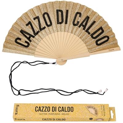 Fisura Originele waaier met het opschrift "c*zzo di Caldo", moderne en kleurrijke houten waaiers, gouden glitter-handventilator, inclusief hanger, grappig cadeau-idee, 42,5 x 23 cm Fisura Originele waaier met het opschrift "c*zzo di Caldo", moderne en kleurrijke houten waaiers, gouden glitter-handventilator, inclusief hanger, grappig cadeau-idee, 42,5 x 23 cm