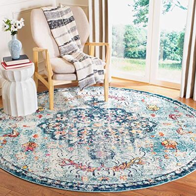 SAFAVIEH Boho tapijt voor woonkamer, eetkamer, slaapkamer, Madison collectie, laagpolig, marineblauw en lichtblauw, 122 x 122 cm SAFAVIEH Boho tapijt voor woonkamer, eetkamer, slaapkamer, Madison collectie, laagpolig, marineblauw en lichtblauw, 122 x 122 cm