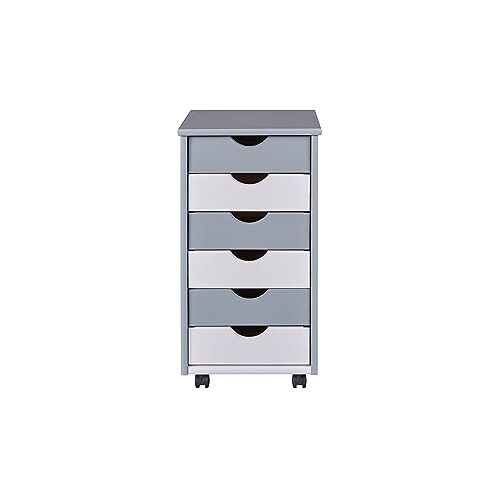 Inter Link Rolcontainer – rolcontainer met 6 laden – kantoorcontainer rolkast – rolwagen – ladekast massief grenenhout – grijs/wit – BxDxH: 35x39x66 cm