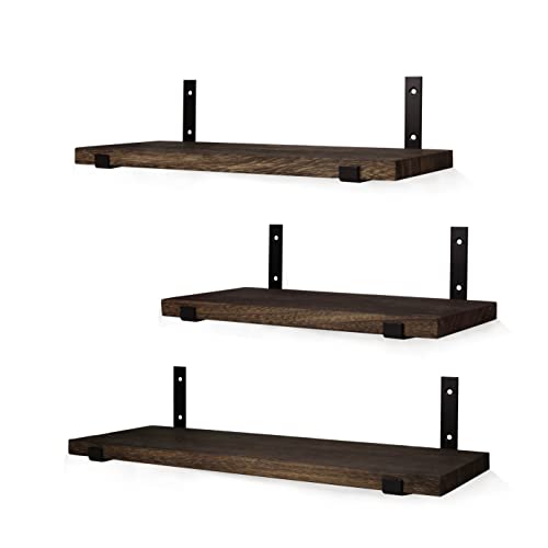 WONOSS Wandplanken   Set van 3 Houten Zwevende Wandplanken met Plankendragers   42, 36 en 30 CM * 15 CM   Muurplanken   Wandschappen   Hout   Donkerbruin