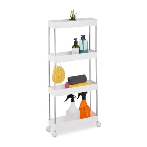 Relaxdays keukentrolley, 4 etages, op wieltjes, keukenrek, badkamer trolley, 88 x 41,5 x 14,5 cm, kunststof, rvs, wit