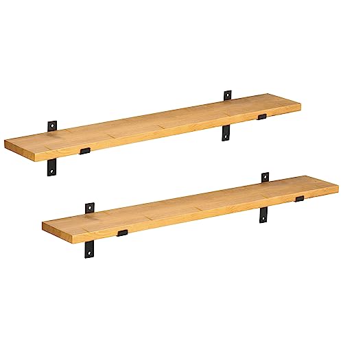 HOMCOM wandplank, set van 2 zwevende planken, houten plank, wandplank, wandplank, wandplank voor keuken, slaapkamer, woonkamer, grenenhout, staal, bruin, 90 x 15 x 2,5 cm