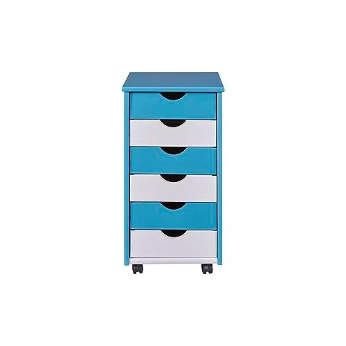 Inter Link Rolcontainer – rolcontainer met 6 laden – kantoorcontainer rolkast – trolley – ladekast massief grenenhout – petrol/wit – BxDxH: 35x39x66 cm