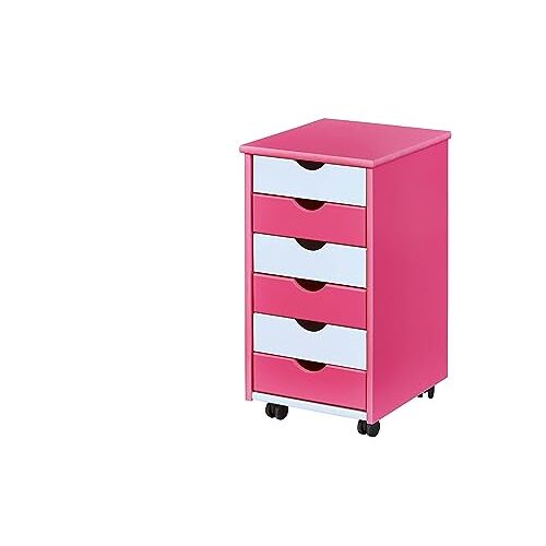 Inter Link Rolcontainer – rolcontainer met 6 laden – kantoorcontainer rolkast – trolley – ladekast massief grenenhout – roze/wit – BxDxH: 35x39x66 cm