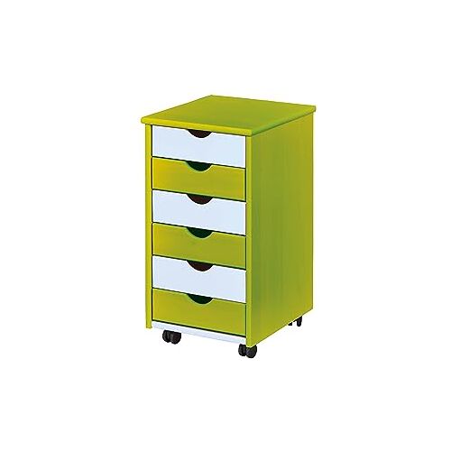 Inter Link Rolcontainer – rolcontainer met 6 laden – kantoorcontainer rolkast – trolley – ladekast massief grenenhout – groen/wit – BxDxH: 35x39x66 cm