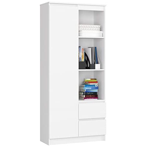 ADGO R11 Boekenkast met vakken, wit, 80 x 180 x 35 cm, boekenkast met deuren en laden, opbergrek, open staande plank, kantoorplank, ordnerrek, archiefplank (verzending in 3 verpakkingen)