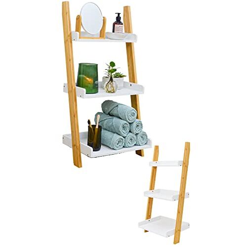 DuneDesign Bamboe ladderrek met 3 vakken, 45 x 90 cm, houten ladder voor badkamer