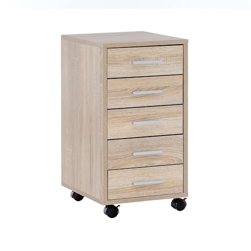 WOHNLING rolcontainer LISA Sonoma 33 x 63 x 38 cm houten ladekast bureau   Kantoorkast met 5 laden   Container Roll Cabinet small Stand Container smal   Bureaucontainer met rollen