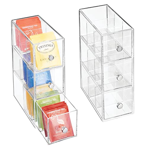 mDesign organizer met 3 lades – opbergdoos voor theezakjes, koffiepads, zoetstoffen en meer – kunststof theedoos – set van 2 – transparant