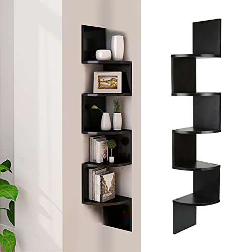 MINGYI Hoekplank met 5 etages, wandrek van MDF-hout, boekenkast, hangrek, zigzagvorm, ca. 20 × 20 × 123 cm (zwart)