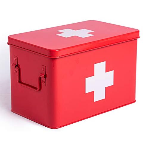 Theo&Cleo Medicijndoos, metaal, EHBO-koffer, koffer, kast, medicijnkast, medicijnkoffer, retro, medicijnkastje groot XXL, 32 x 19 x 20 cm, rood