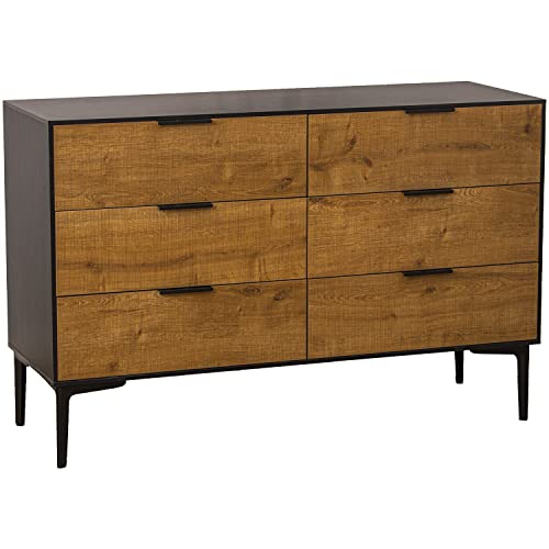 DRW Commode met 6 schuifladen van MDF in zwart en naturel, 114 x 40 x 74 cm, hoogte: 18 cm