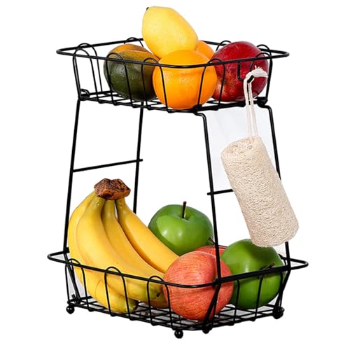 DTREEL 2-laags Fruitmand, Fruitrek met Bananenhanger, Metalen Fruitschaal Voor Thuis, Keuken, Kantoor,Black