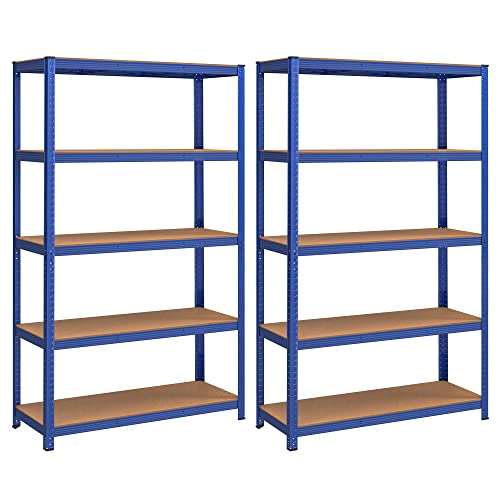 SONGMICS opbergrekken, rekken voor zwaar gebruik, set van 2, kelderrekken, 200 x 120 x 60 cm, tot 875 kg draagvermogen, boutloze rekken, versterkt stalen frame, 5 verstelbare rekken, blauw GLR060Q02