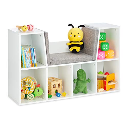 Relaxdays boekenkast met kussen, kinderkast met 6 vakken, 63x103x30 cm, zitbank kinderkamer, wit