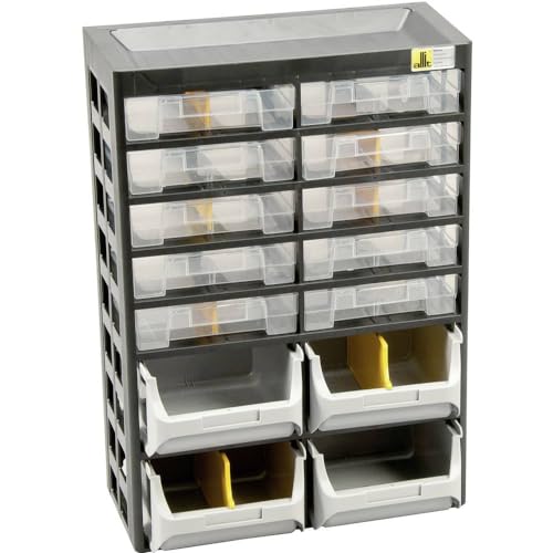 Allit 458140 depot voor kleine onderdelen, zwart, geel, 10 laden, 4 dozen, 7 verdelers