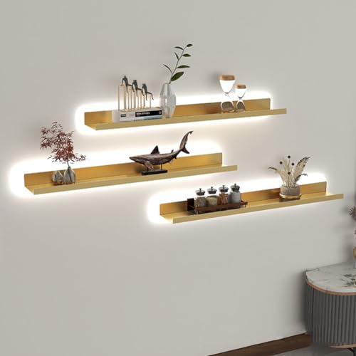 YXJPP Zwevende planken set van 3, zwevende displayplank met ingebouwd verlicht LED-licht, metalen displayplanken, voor woonkamer, kantoor, slaapkamer, goud,60x23cm