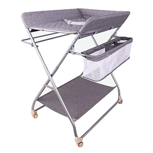 HH- Opvouwbare luiertafel op wiel, grijs babywisselstation met opbergmandje, pasgeboren kinderkamer dressoir station voor 0-3 jaar oud