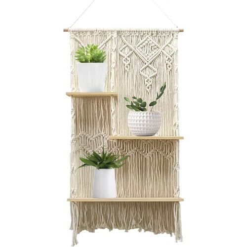 KHiry Macrame Wandplank, Handgemaakte Macrame Muuropknoping Plank Boho Tapijtplank Touwplank Boheemse Geweven Touwplanken Muuropknoping For Woonkamer, Slaapkamer, Rustieke Boho-opslag