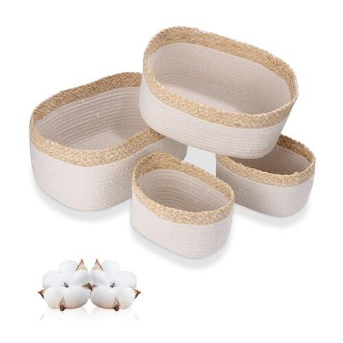 Birshe Organizer Braided Basket set van 4, Opbergmand voor Kinderen Opbergmanden Opbergmand Geweven Katoen Touw Opbergmand Opbergmand voor Het Organiseren,Babykamer,Woonkamer Badkamer,Kasten