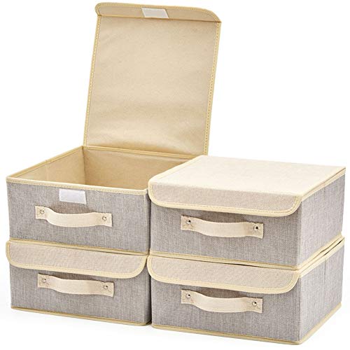 EZOWare 4-pack opbergdoos met deksel, Cube opbergmand opbergsysteem dozen manden kisten (grijs & beige) 26,7 x 26,7 x 12,7 cm